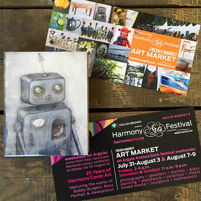 Robot by painter Kris G. Brownlee of A Cagey Bee on the postcard for West Vancouver's Harmony Arts Festival for summer 2015.